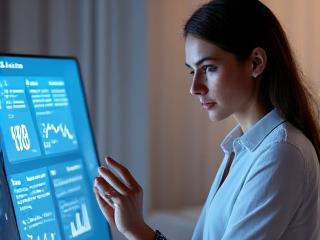 Donna che analizza dati di smartwatch su grafici digitali