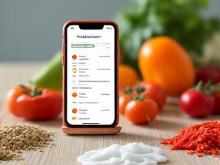 Schermo smartphone con app di pianificazione pasti, ingredienti freschi sullo sfondo