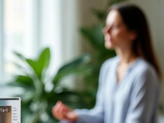 Schermo tablet con app di meditazione Calm o Headspace in un ambiente sereno