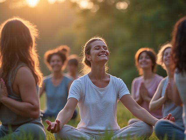 Un gruppo sereno di adulti che pratica mindfulness in un ambiente naturale, con alberi in sottofondo.