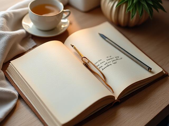 Un quaderno aperto su una scrivania in legno, con una penna accanto e una luce soffusa, pronto per scrivere pensieri.