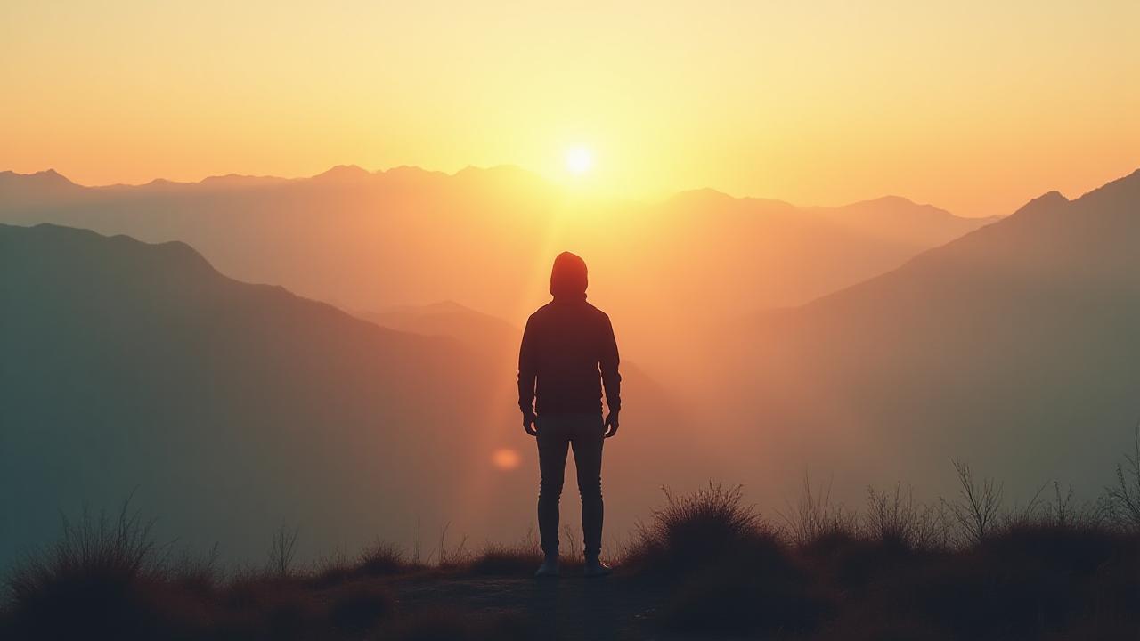 Una persona di spalle guarda un vasto paesaggio montano nebbioso all'alba, evocando calma e prospettiva infinita.