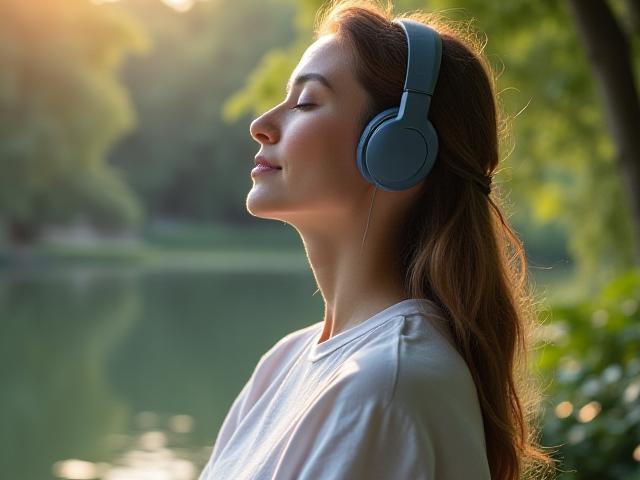 Una donna serena con cuffie che medita in un ambiente naturale, visualizzando onde sonore e pace.