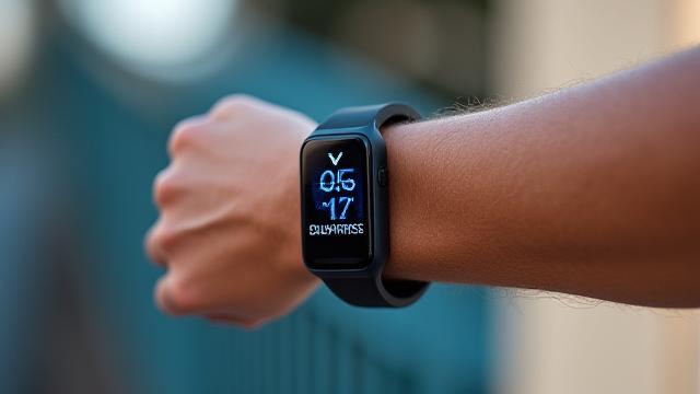 Primo piano su un polso che indossa un activity tracker, che mostra dati sull'attività fisica su uno sfondo sfocato di una persona che corre.