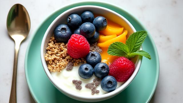Una ciotola di yogurt con frutti di bosco, muesli e noci, che simboleggia una dieta sana per l'intestino.