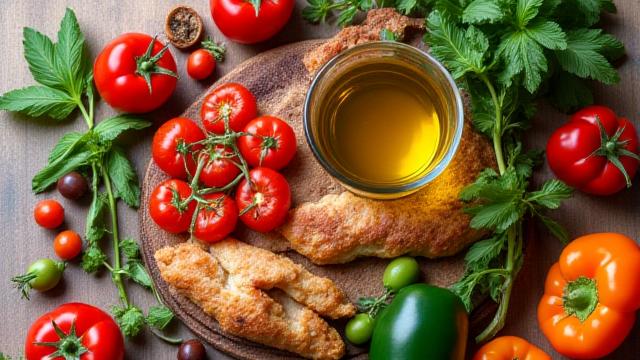 Tavolo imbandito con ingredienti freschi e sani della dieta mediterranea: olio d'oliva, pomodori, verdure, pane integrale.