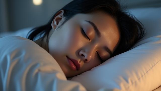 Persona pacifica che dorme profondamente su un cuscino bianco, in una camera da letto con luci soffuse.