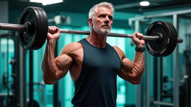 Uomo di mezza età che solleva pesi con una postura corretta in una palestra moderna, con determinazione sul volto.