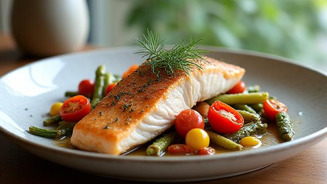 Piatto di salmone al forno con verdure fresche di stagione