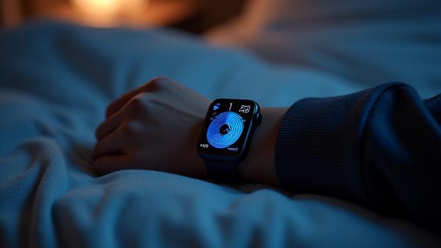 Una mano che tiene uno smartwatch che monitora il sonno su un comodino illuminato