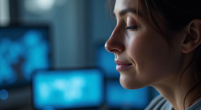 Persona in meditazione zen con dispositivi digitali sfocati sullo sfondo, focalizzata sul benessere mentale