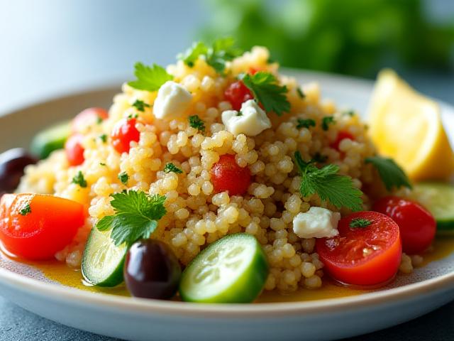 Insalata di quinoa mediterranea con verdure fresche e erbe aromatiche.