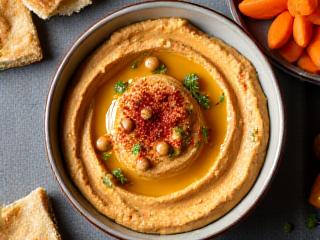 Ciotola di hummus di ceci fatto in casa con olio d'oliva e paprika