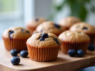 Muffin morbidi ai mirtilli e farina integrale su un tagliere