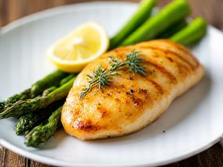Petto di pollo al limone con asparagi al vapore su piatto bianco