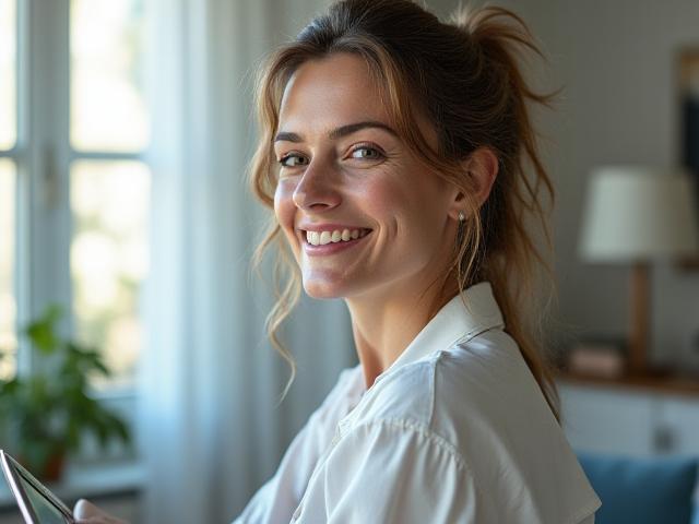 Donna adulta sorridente che usa un tablet in un ambiente luminoso, simbolo di benessere digitale.
