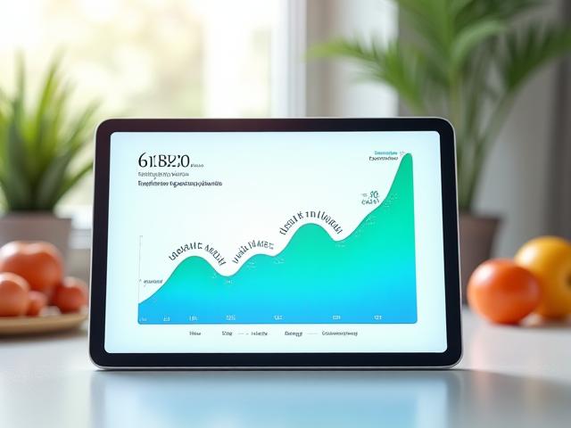 Grafico di progressione del benessere: una linea crescente su un grafico digitale, che mostra l'incremento di energia e vitalità nel tempo, con punti salienti che indicano il raggiungimento di obiettivi. Si intravede sullo sfondo un tablet con schermate di un'app di monitoraggio del benessere.