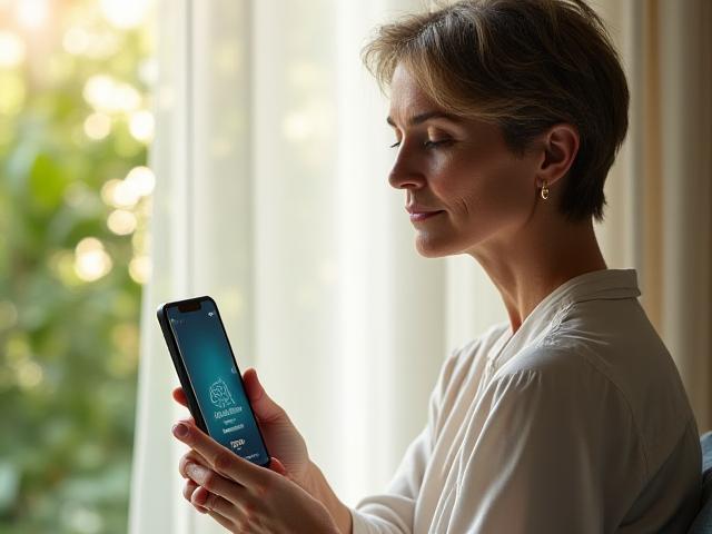 Una donna serena è seduta in posizione rilassata in un ambiente luminoso e tranquillo, come un terrazzo o un giardino zen. Sta usando un'app di meditazione sul suo smartphone, con lo schermo che riflette colori calmi e un'interfaccia user-friendly. L'atmosfera è di compostezza e focus.