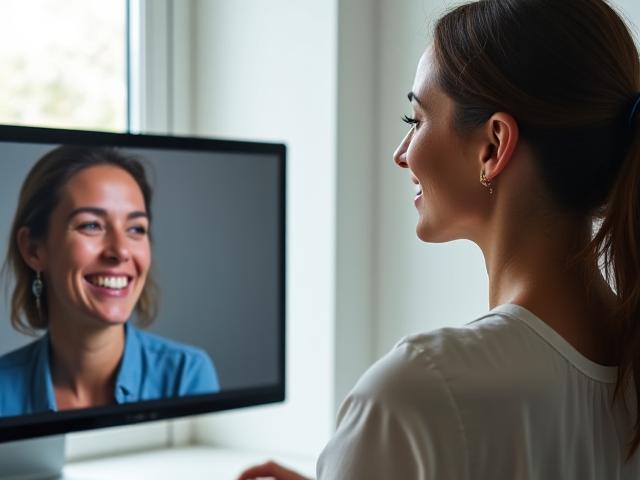 Primo piano di una donna sorridente, coach professionista, che interagisce in videochiamata con un cliente. L'immagine trasmette empatia e professionalità, con sfondi puliti e moderni che suggeriscono un ambiente di supporto digitale.